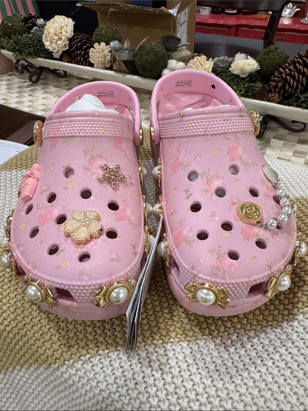 CROCSxloveshackfancy Pink Pearl & Gold Embellished Platform Clogs